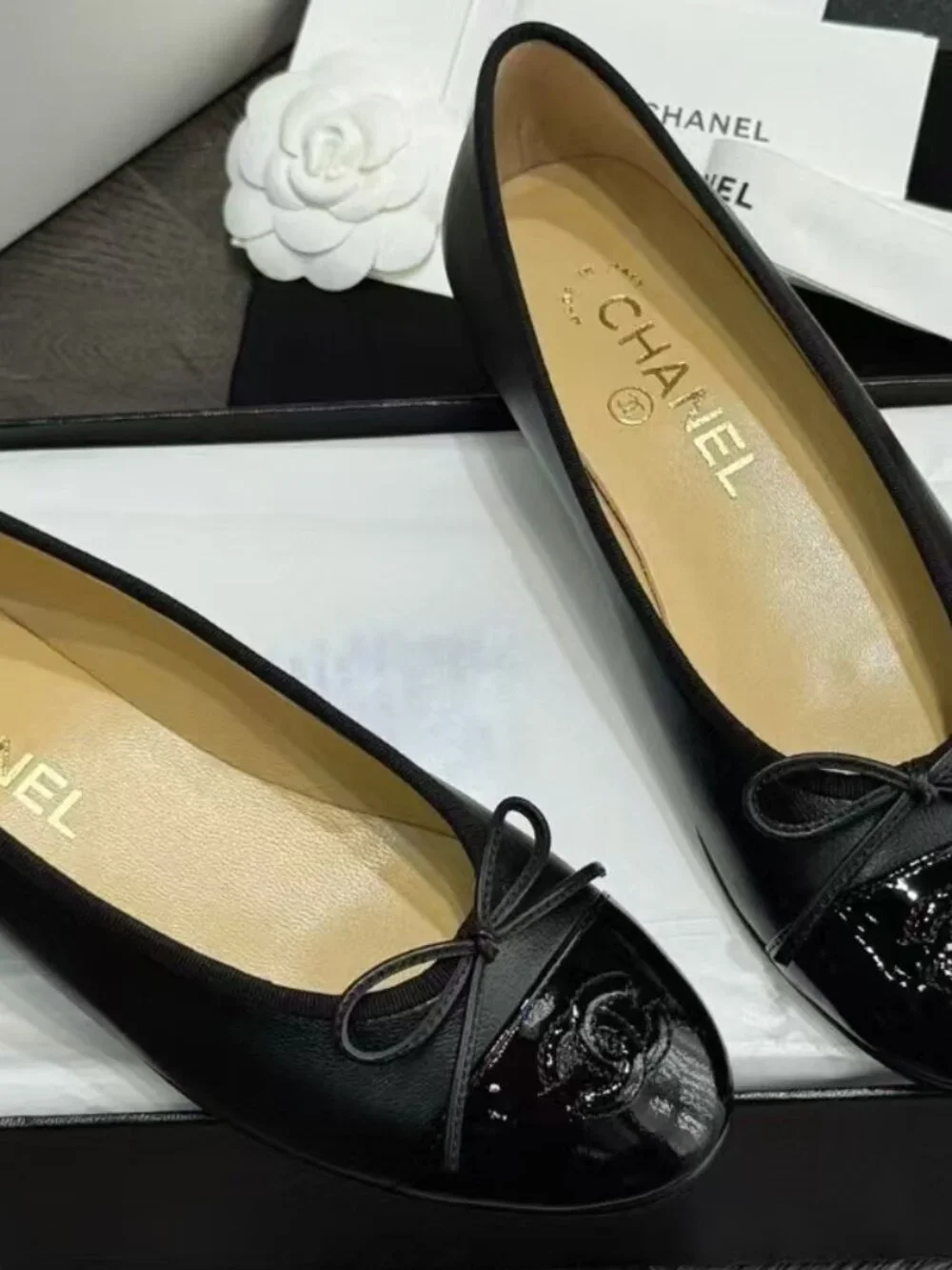 Chanel Two‑Tone Patent Toe Bow Ballet Flats